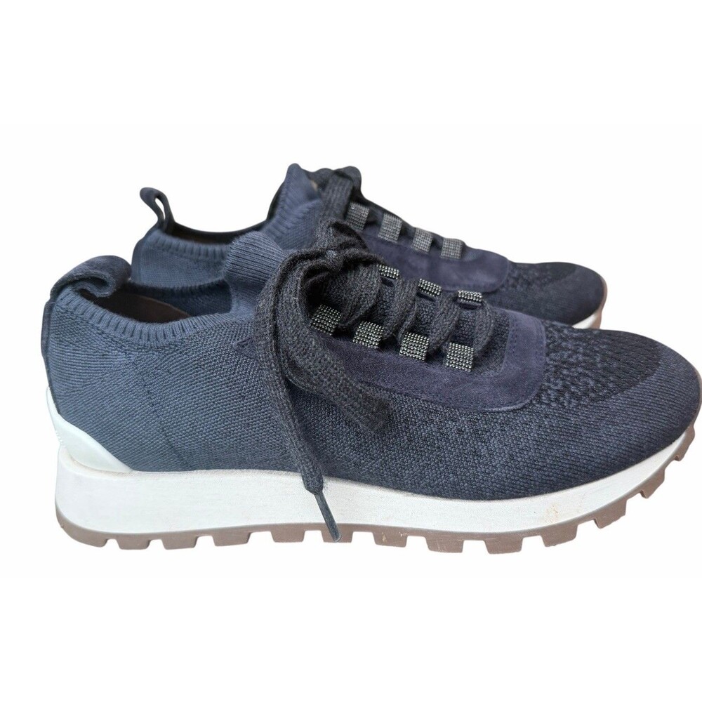 Brunello Cucinelli Cotton Knit Sneakers Navy Blue Italy Lux Trainers EU 38 $1200